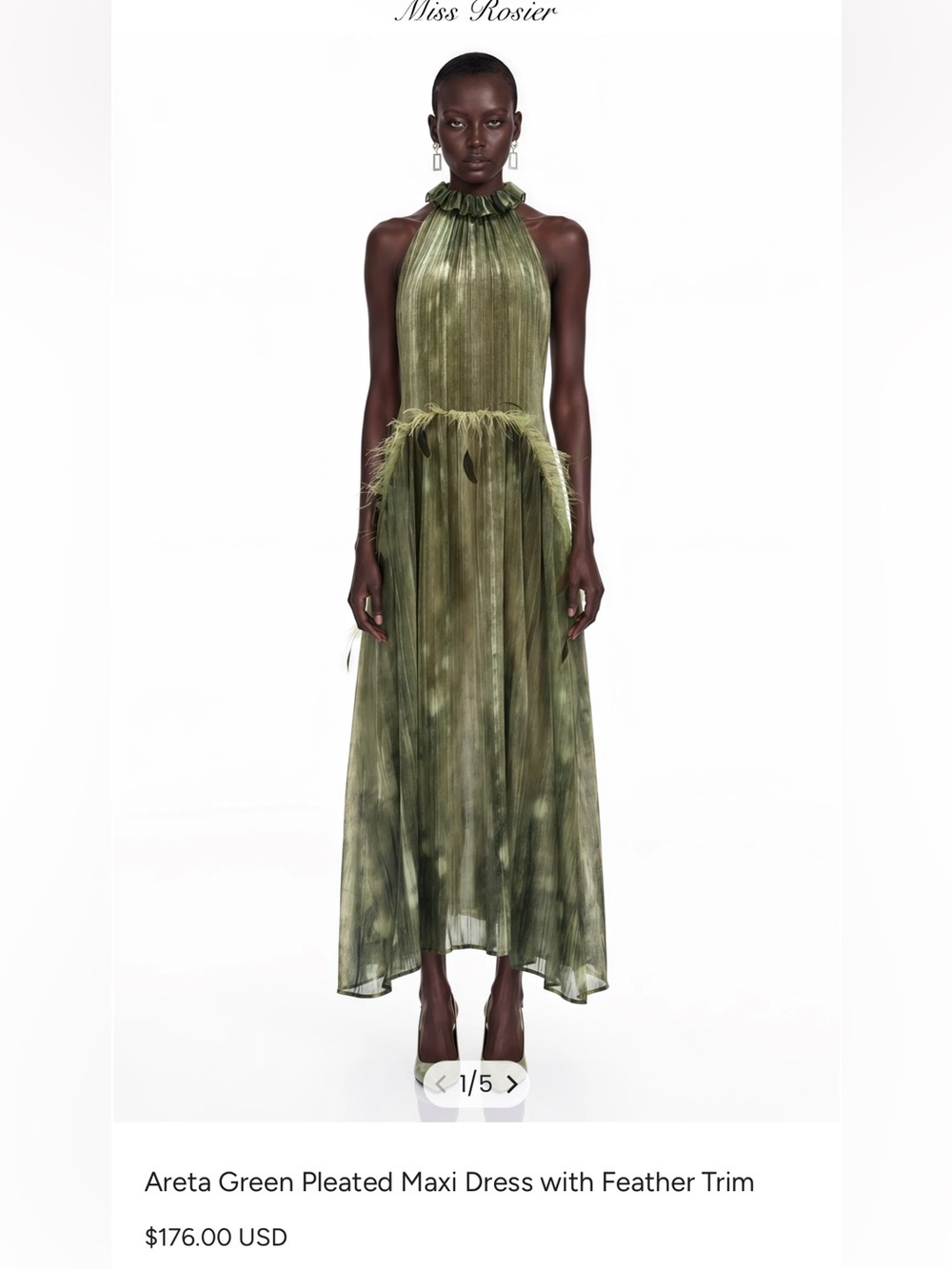Areta Green Pleated Maxi Dress with Feather Trim